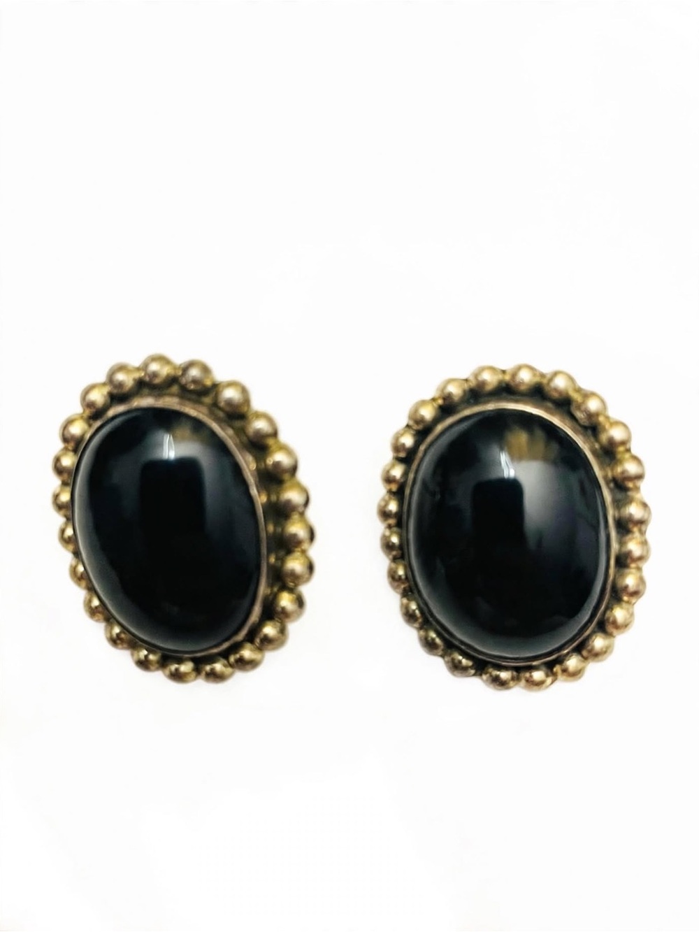 925 Sterling Silver Black Onyx Oval Bezel Stud Earrings Butterfly Signed 1-1/4â